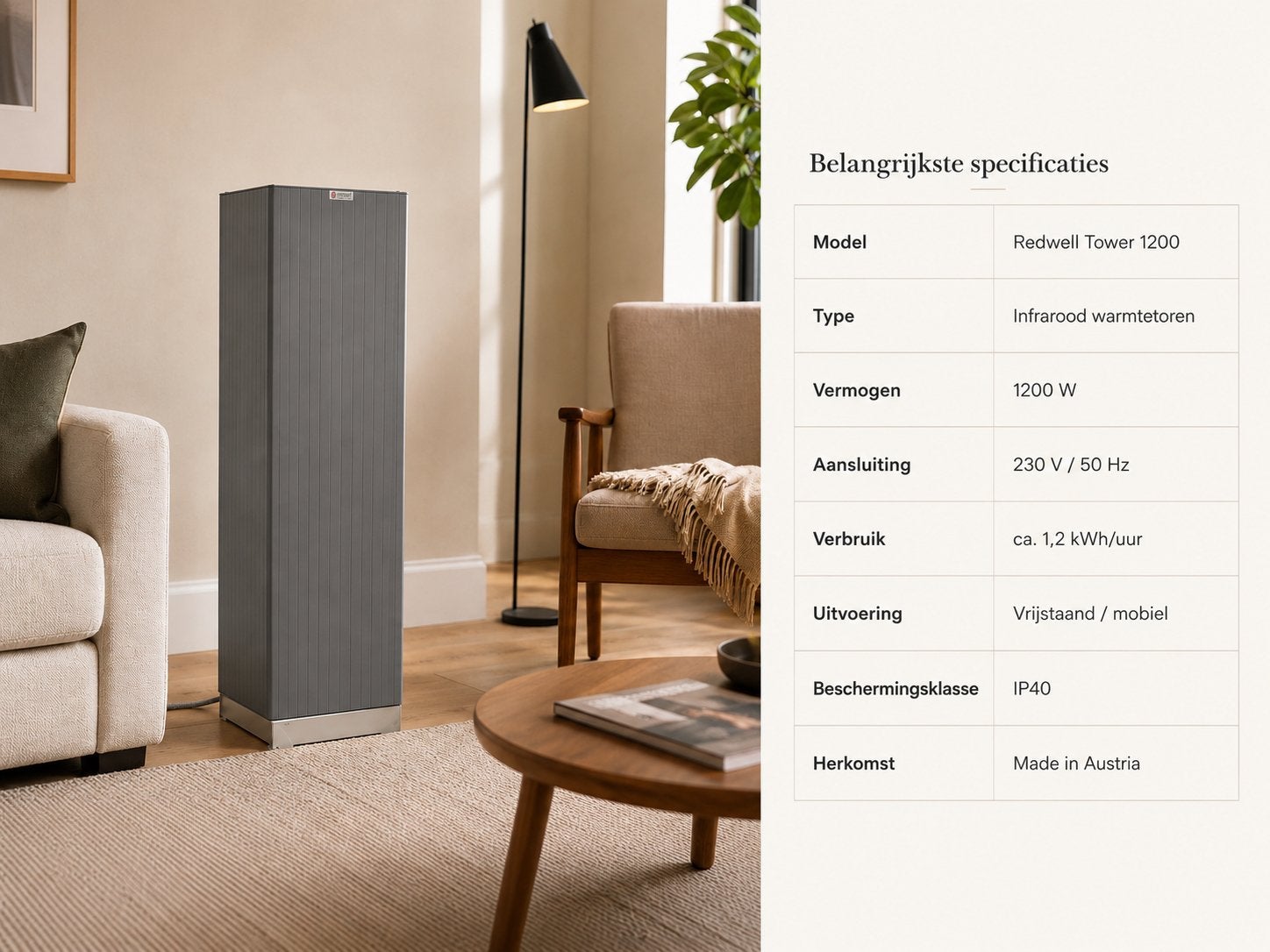 Mobiele 1200 infrarood warmtetoren – 1200W – z.g.a.n., Ophalen, Zo goed als nieuw