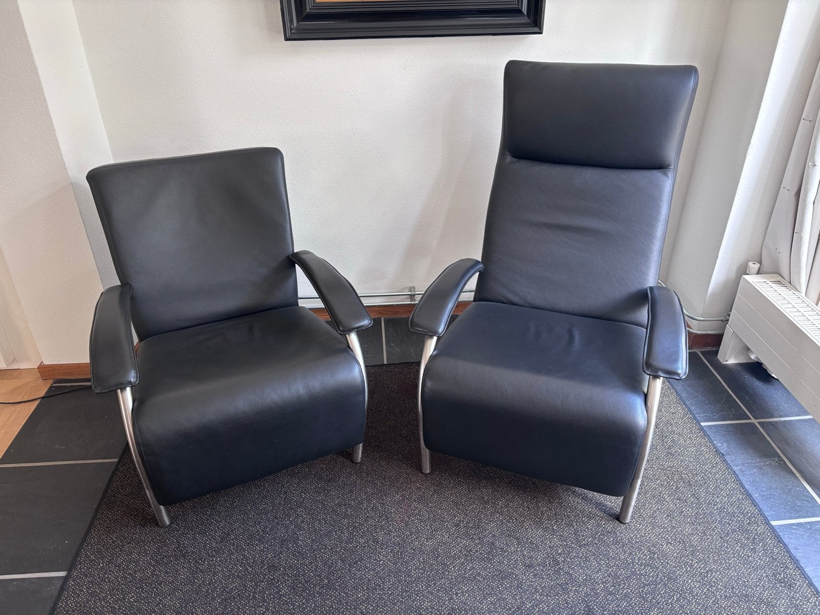 Set van twee Molinari fauteuils - Zwart leer, Ophalen, Leer, Zo goed als nieuw, 75 tot 100 cm