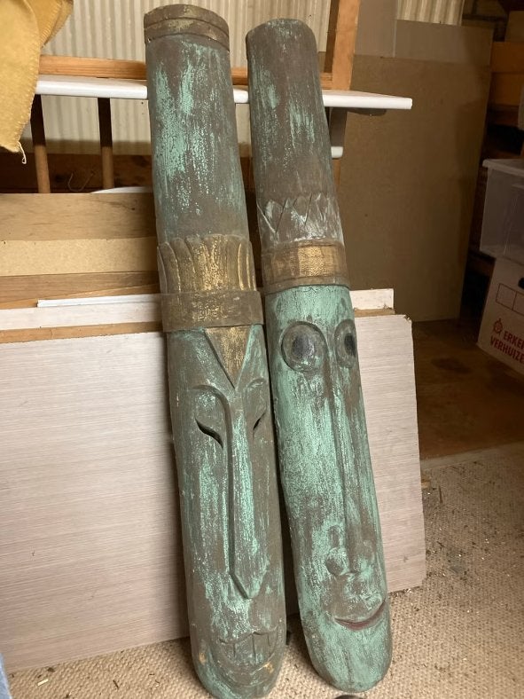 Set van 2 Houten Maskers – Exotische Uitstraling, Huis en Inrichting, Ophalen, Groen, Gebruikt, Hout