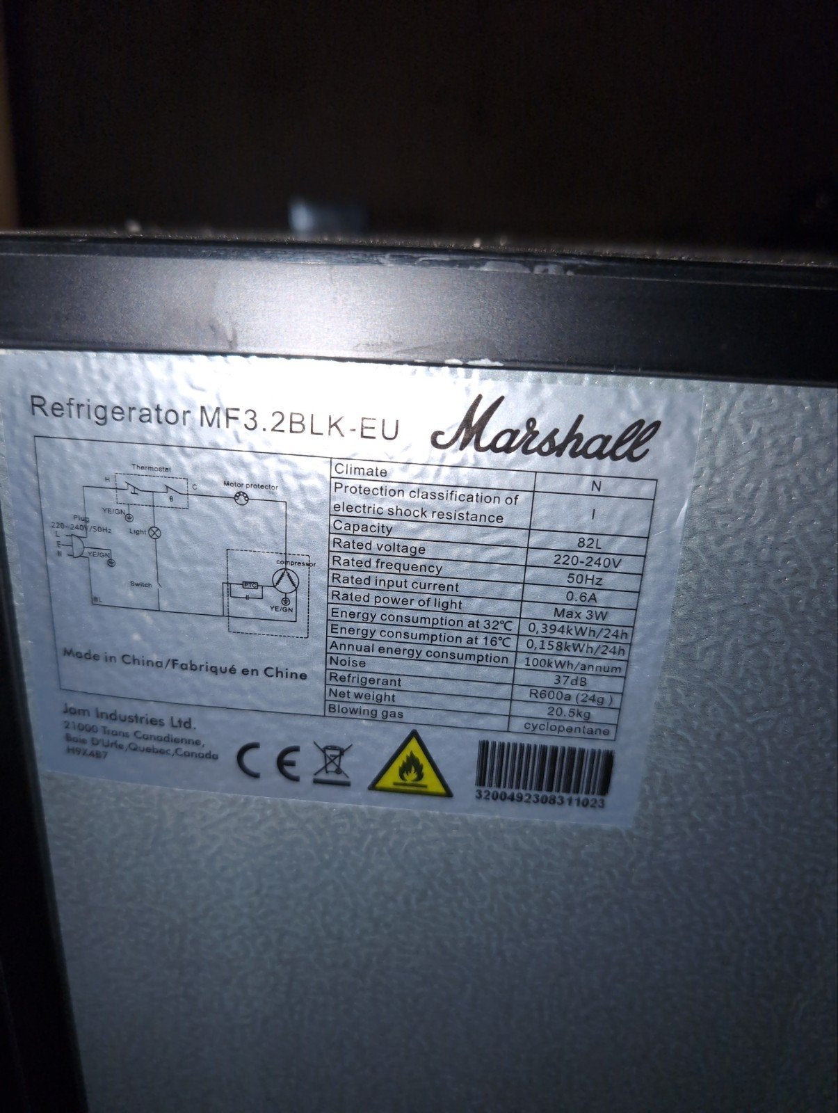 Marshall mini fridge, Ophalen, Zonder vriesvak, Minder dan 85 cm, 45 tot 60 cm