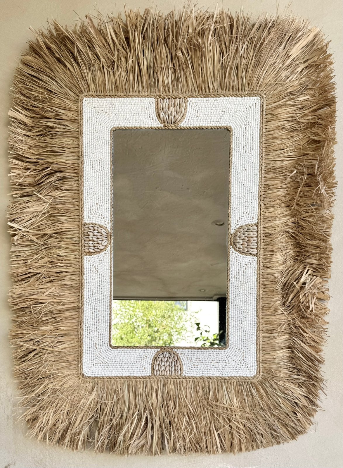 Spiegel raffia wit, Ophalen, Nieuw, Minder dan 100 cm, Rechthoekig