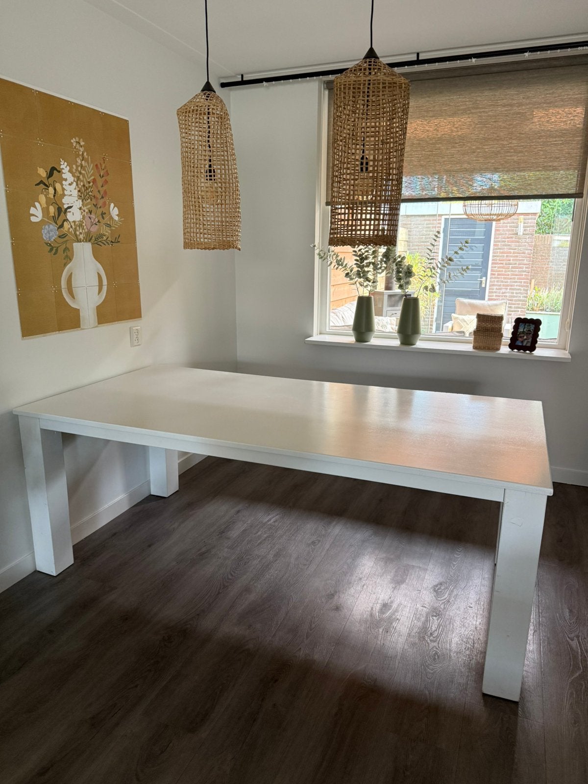 Witte houten eettafel, Huis en Inrichting, Ophalen, Gebruikt, 50 tot 100 cm, Vijf personen of meer