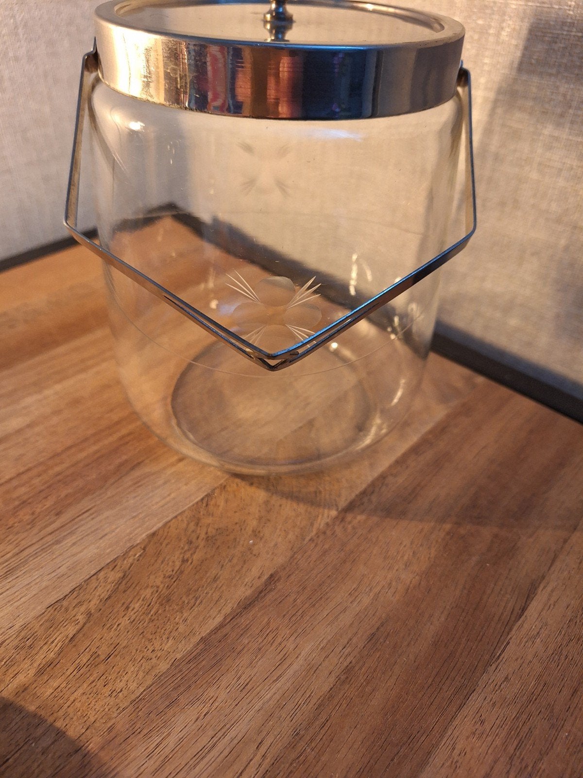 Vintage Glazen Pot met Metalen Deksel en Handvat - 15.5 cm, Ophalen of Verzenden