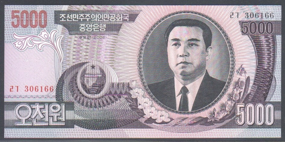 Noord Korea 5000 Won 2002, Postzegels en Munten, Verzenden, Zuidoost-Azië, Los biljet