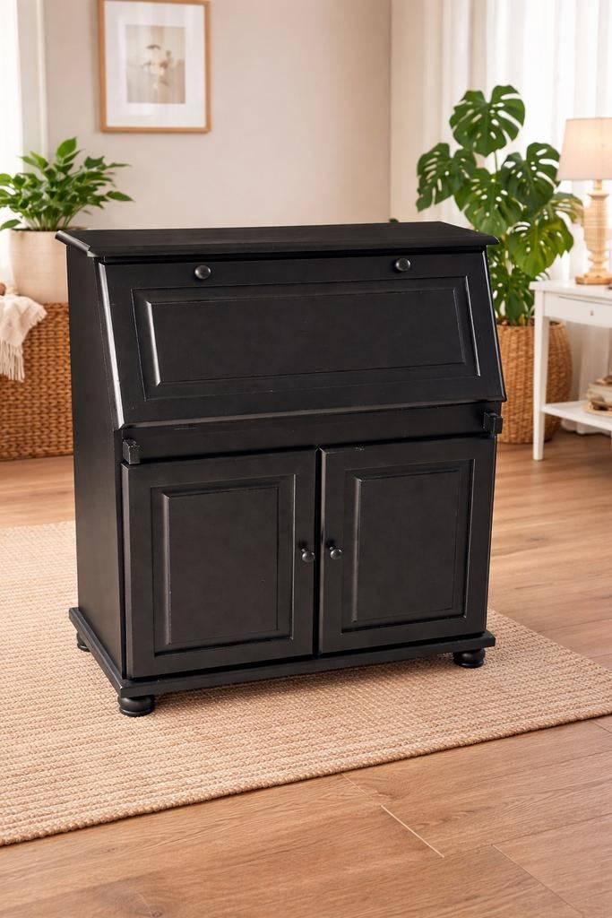 Zwart secretaire kastje met opbergruimte, Ophalen