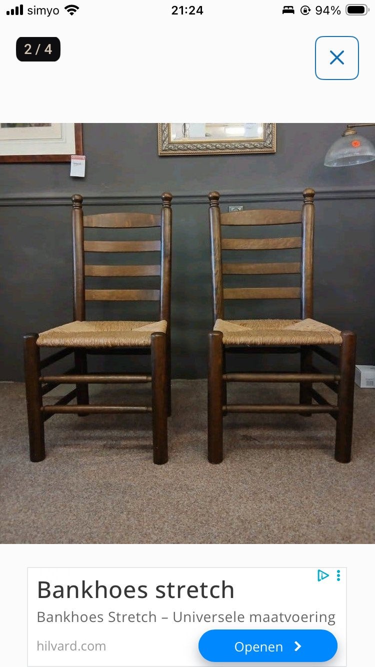 2 stuks Klassieke eikenhouten eetkamerstoelen met biezen zit, Ophalen, Twee, Bruin, Klassiek
