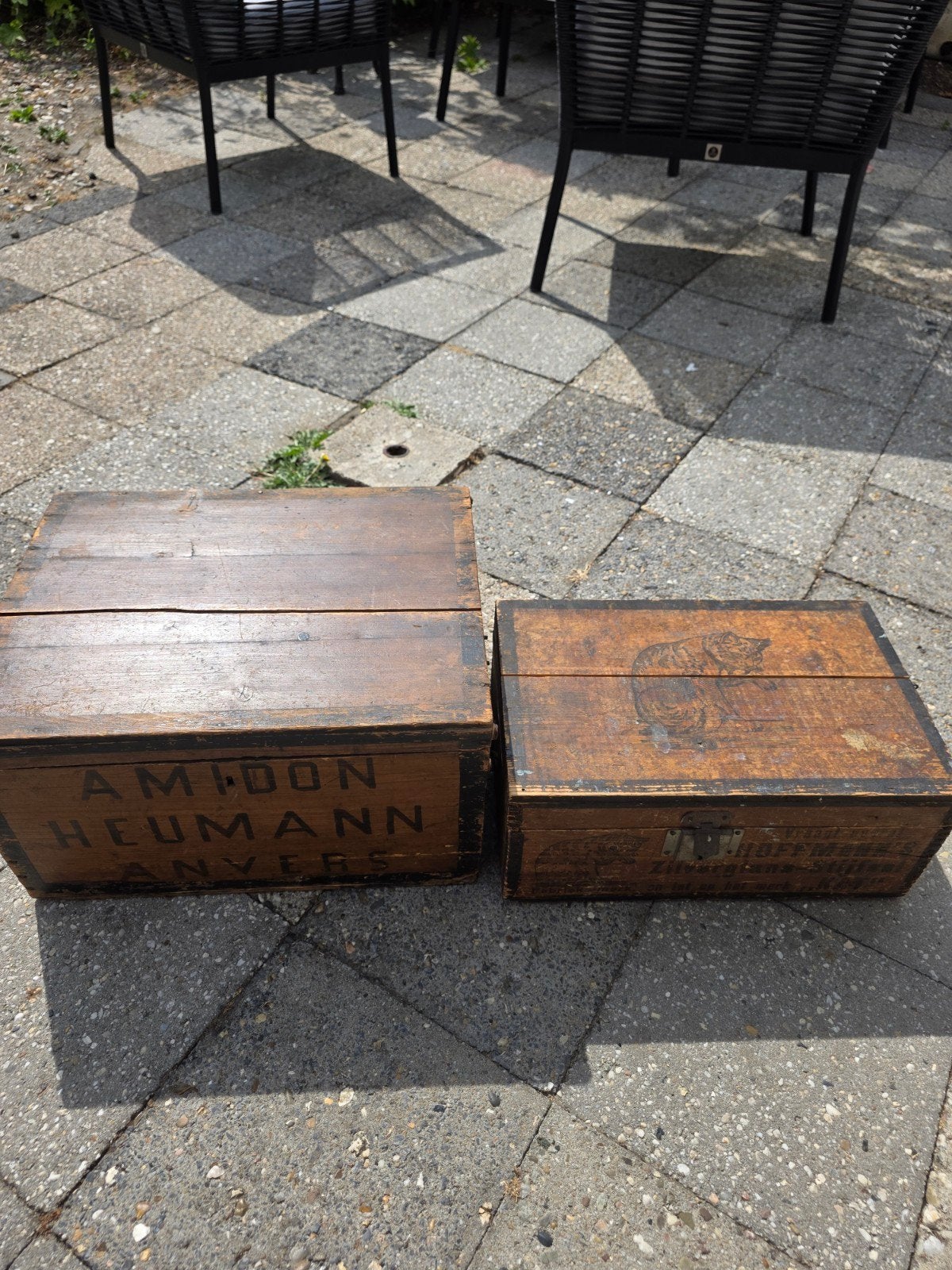 Set van 2 Antieke Houten Kisten - Amidon Heumann & Hoffman', Ophalen of Verzenden