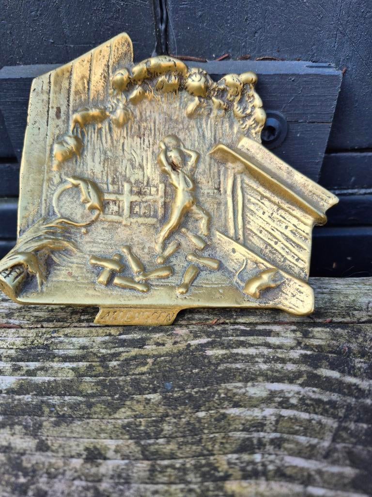 Vintage bronzen/messing reliëf asbak - Kegelspel, Ophalen of Verzenden, Brons
