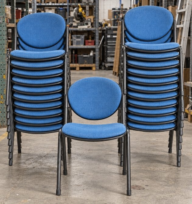 30 blauwe stapelstoelen, Huis en Inrichting, Ophalen, Gebruikt, Blauw, Metaal