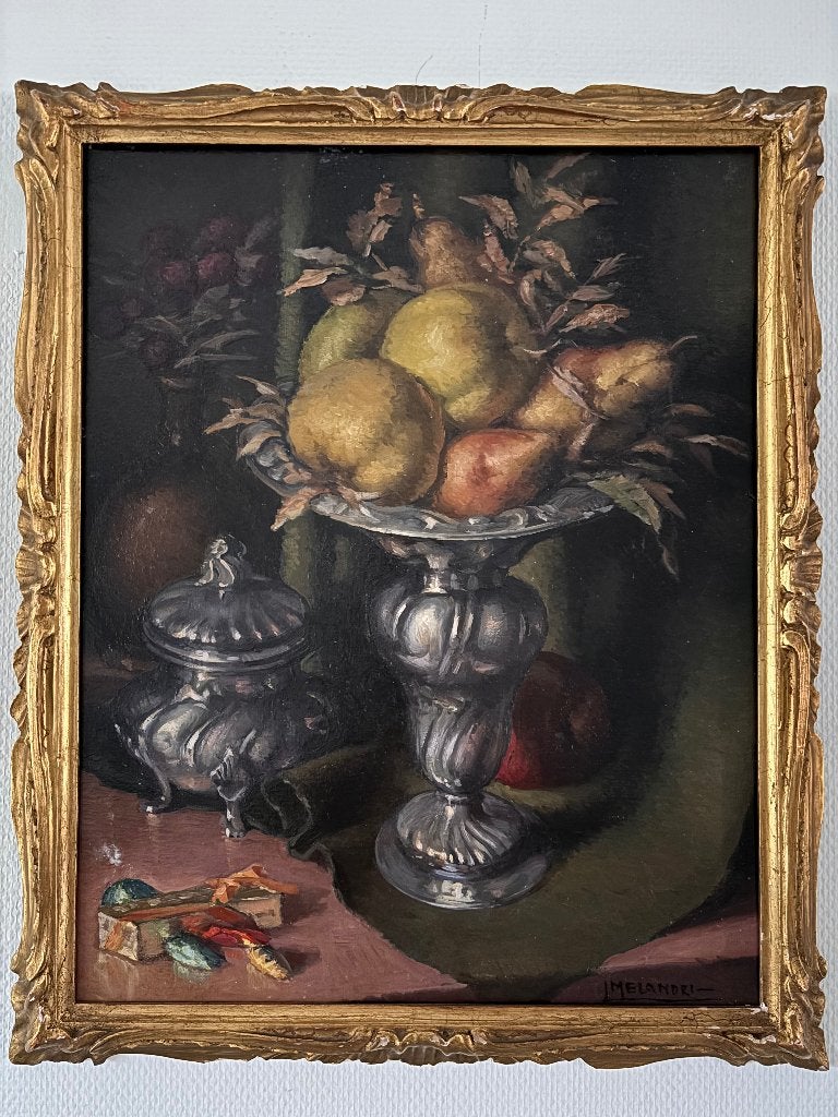 Stilleven met fruit en zilverwerk, gesigneerd Melandri, Antiek en Kunst, Kunst | Schilderijen | Klassiek, Doek, Stilleven, Ophalen of Verzenden