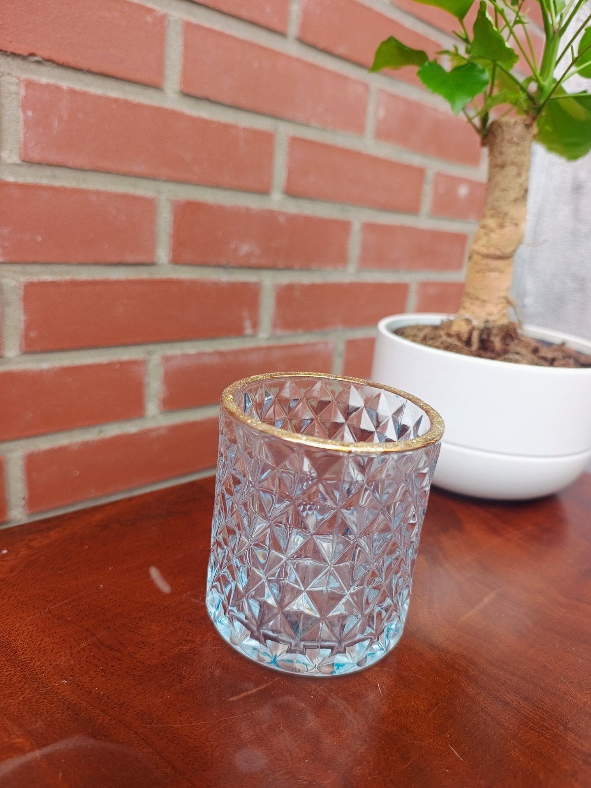 Glazen Waxinelichthouder Gouden Rand Kristal Look Theelichth, Ophalen of Verzenden, Glas, Kandelaar
