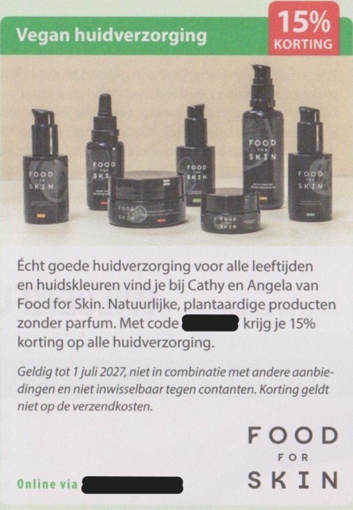 Vegan huidverzorging. 15% korting. Postcodeloterij bon., Eén persoon, Kortingsbon, Warenhuis- of Winkelbon