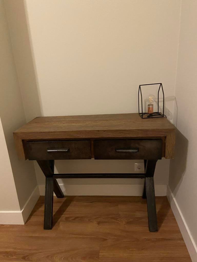 Side table/bureau hout en staal, Ophalen, Zo goed als nieuw, 25 tot 50 cm, Rechthoekig