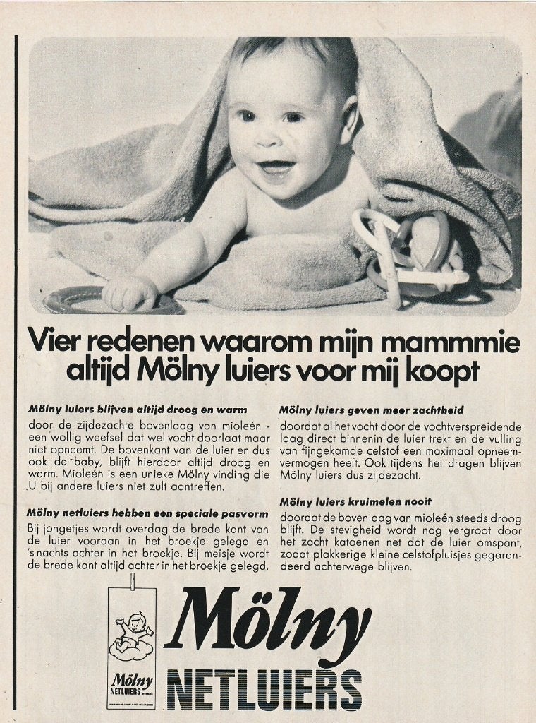 Retro reclame 1968 Mölny baby luiers & plastic luierbroekjes, Verzenden, Overige typen