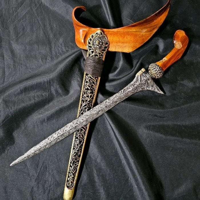 Keris Jalak Tilam Sari Pamor Lar Gangsir Makara Goud KNN19, Gesneden, Wapen, Verzenden, 52 cm