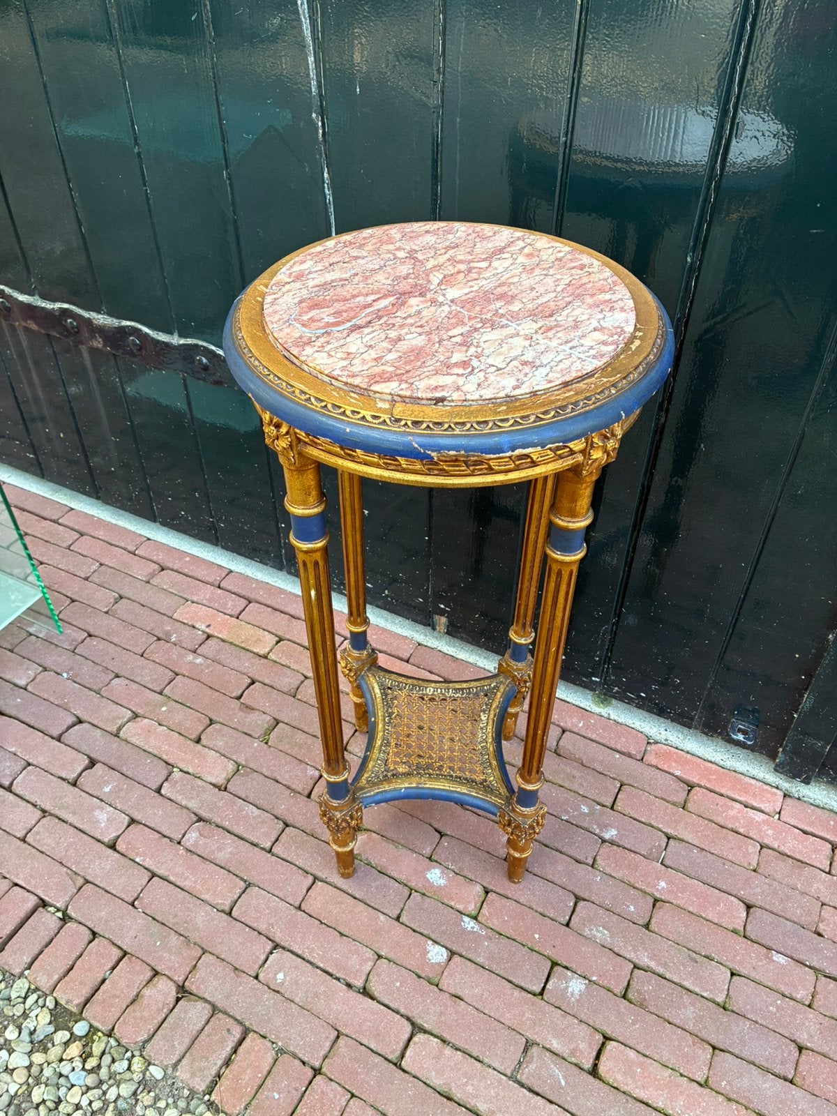 Rond polychrome Louis XV-stijl plantentafel met marmer blad., Ophalen