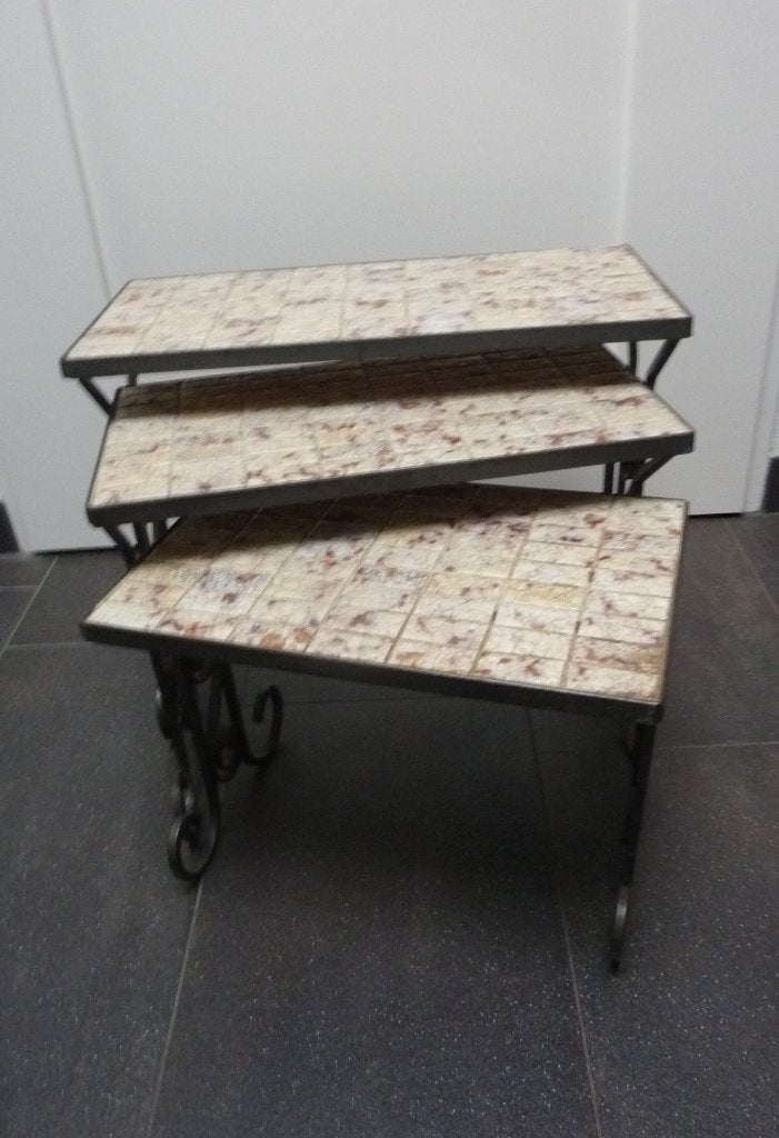 Retro mimi setje, ingelegde tegeltjes ,smeedijzeren pootjes., Ophalen, Minder dan 45 cm, Minder dan 55 cm, Gebruikt