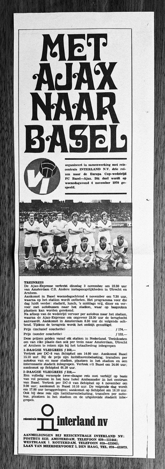 Ajax-F.C. Basel reisreclame november 1970 (38x12 cm), Verzamelen, Ophalen of Verzenden, Gebruikt, Ajax