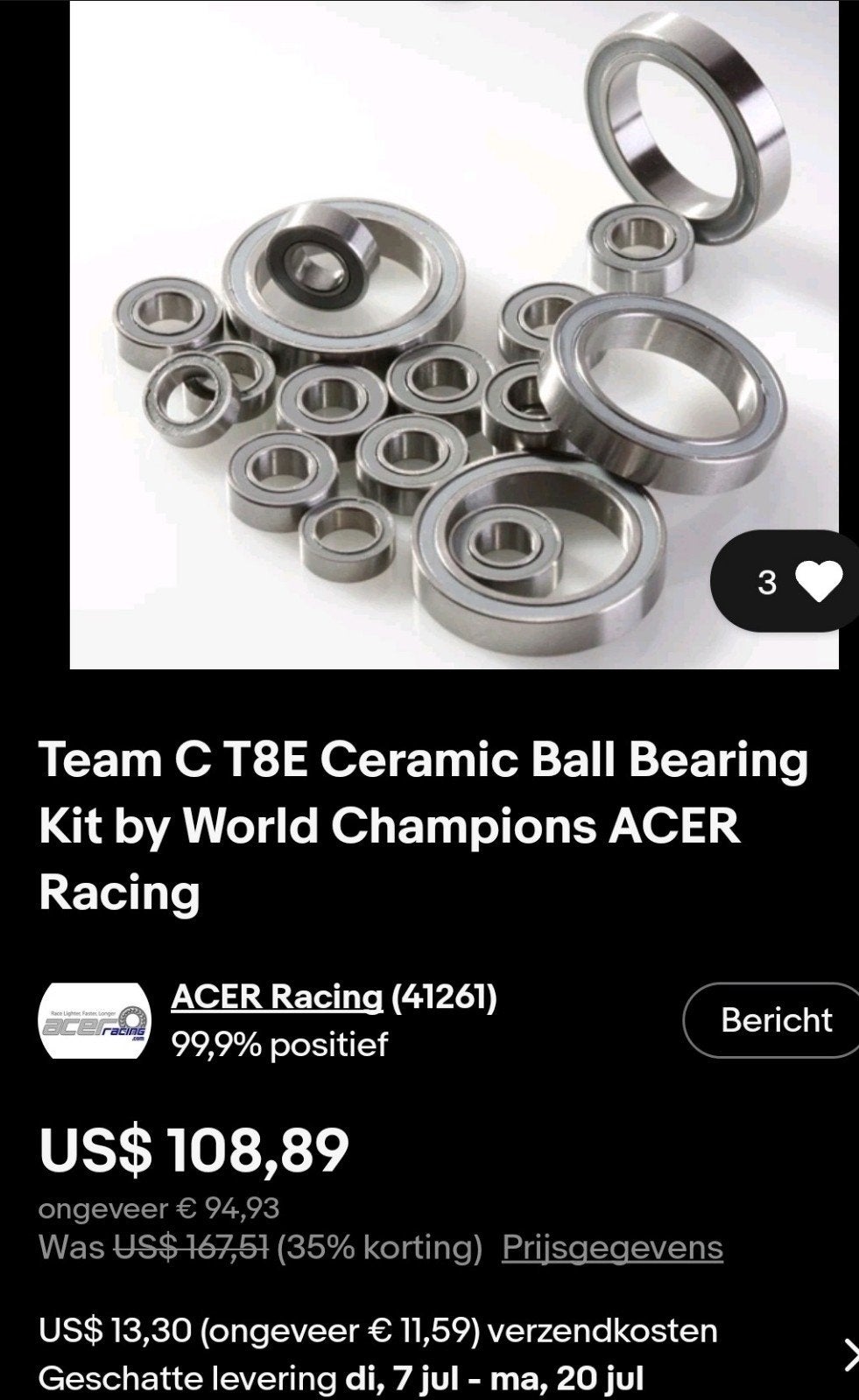 Team C T8E Ceramic Ball Bearing Kit by World Champions ACER., Hobby en Vrije tijd, Elektro, Nieuw, Ophalen of Verzenden, Onderdeel