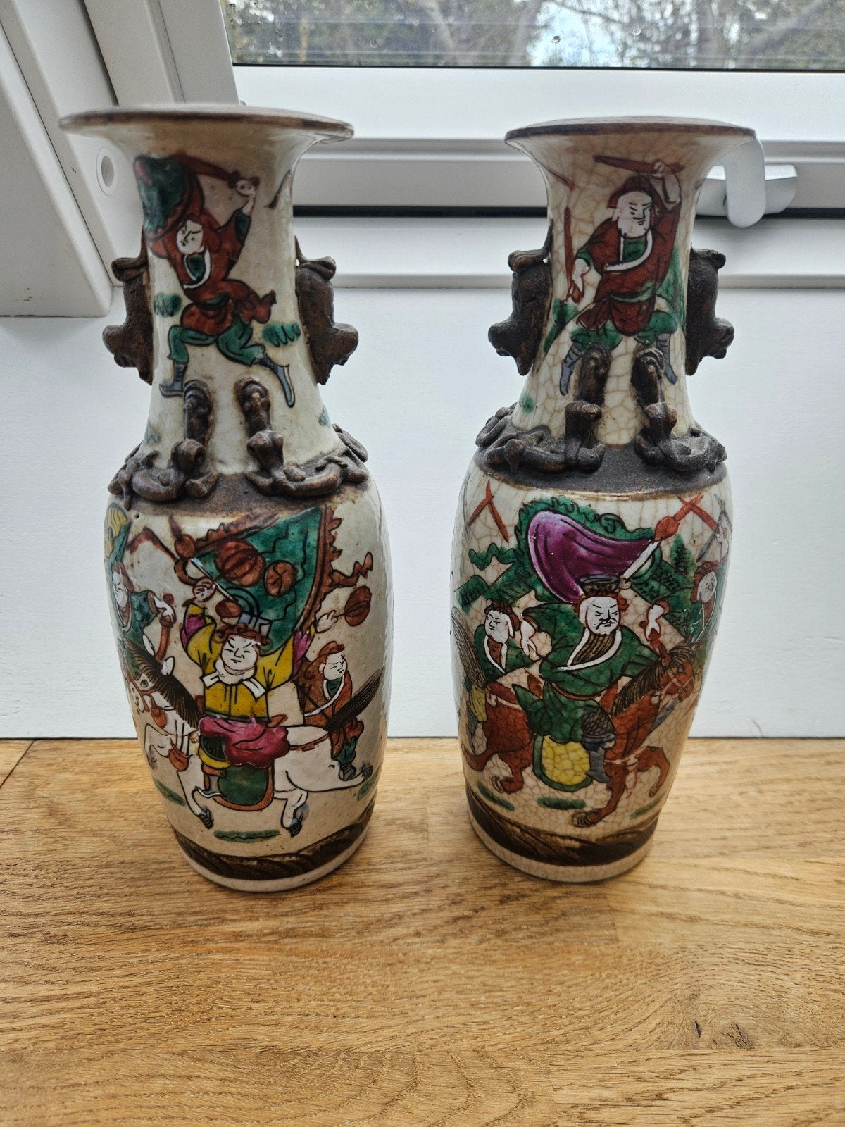 Stel Antieke Chinese Nanking Vazen – Krijgsscène / Craquelé, Antiek en Kunst, Ophalen of Verzenden