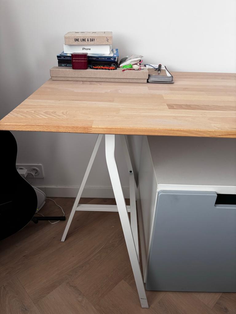 Bureau massief beuken met wit stalen poten, Ophalen, Overige typen, Hout, Bruin