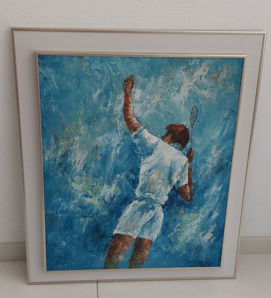 Olieverf schilderij badminton of tennisser, Antiek en Kunst, Kunst | Schilderijen | Modern, Figuren, Olieverf, Overige materialen