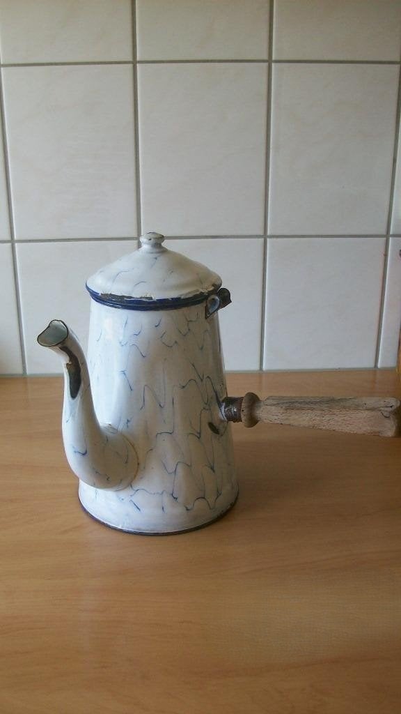 Antieke emaille chocoladekan in blauw geaderd emaille, Ophalen of Verzenden