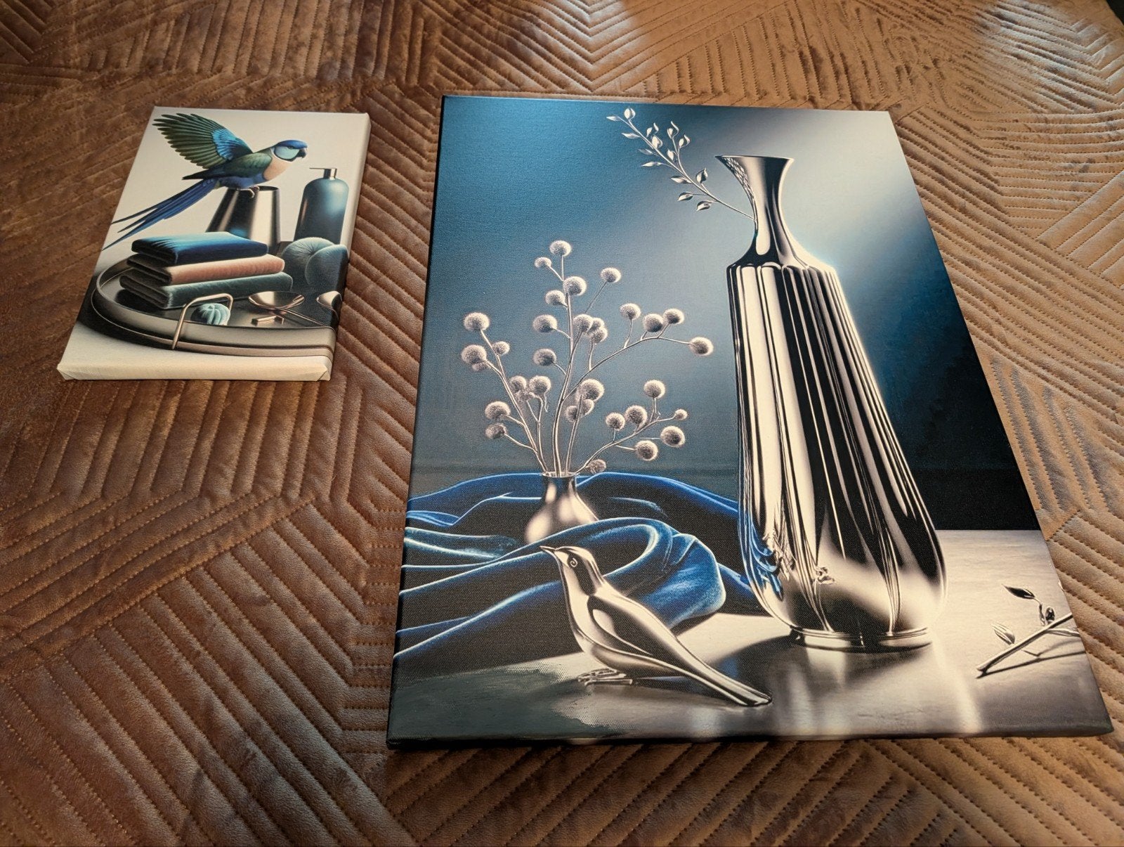 2 Mooie canvas schilderijen set, met vogel afbeeldingen, Huis en Inrichting, Ophalen of Verzenden, Nieuw, Blauw