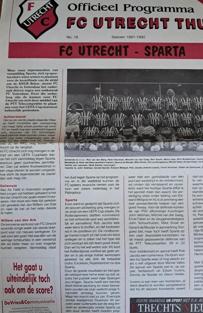 FC Utrecht - Sparta 1991/1992, Verzamelen, Ophalen of Verzenden, Zo goed als nieuw, F.C. Utrecht, Boek of Tijdschrift