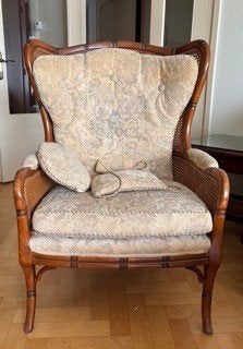 Vintage Giorgetti Faux Bamboo oorfauteuil - jaren ‘70, Ophalen, Gebruikt, 75 tot 100 cm, Stof