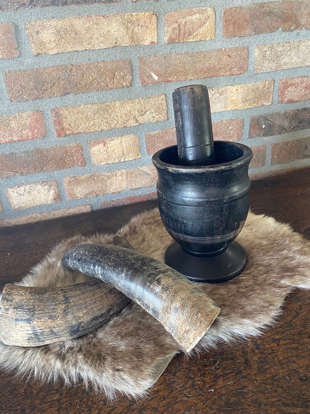 Brocante oude houten vijzel met stamper, Ophalen of Verzenden