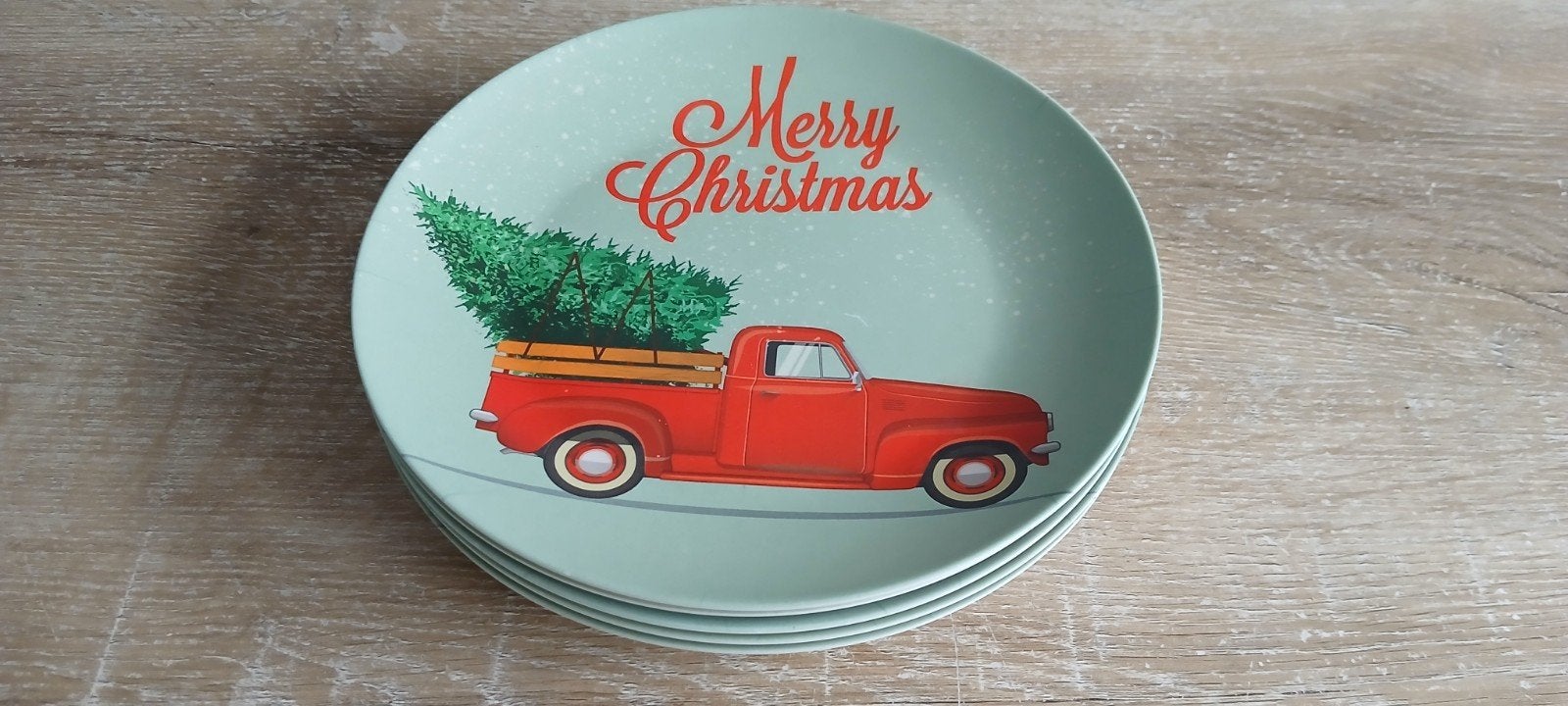 5 melamine kerst borden rode truck kerstboom merry christmas, Ophalen of Verzenden, Gebruikt