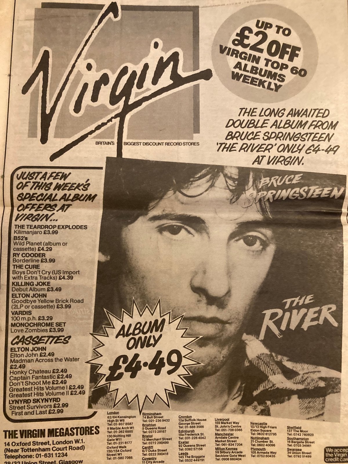 Paginagrote A3 advertentie BRUCE SPRINGSTEEN The River relea, Verzamelen, Posters, Ophalen of Verzenden, Zo goed als nieuw, A1 t/m A3
