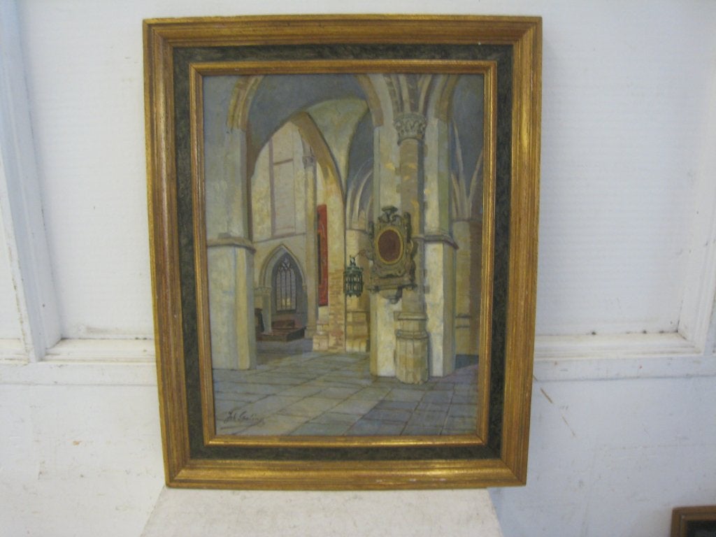 Johan Spaling ( 1891-1974 ), olieverf van kerkinterieur, 60x, Antiek en Kunst, Kunst | Schilderijen | Klassiek