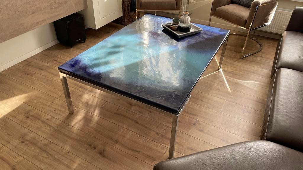Unieke Natuurstenen Salontafel met Epoxy Afwerking, Ophalen, 100 tot 150 cm, 50 tot 100 cm, Zo goed als nieuw