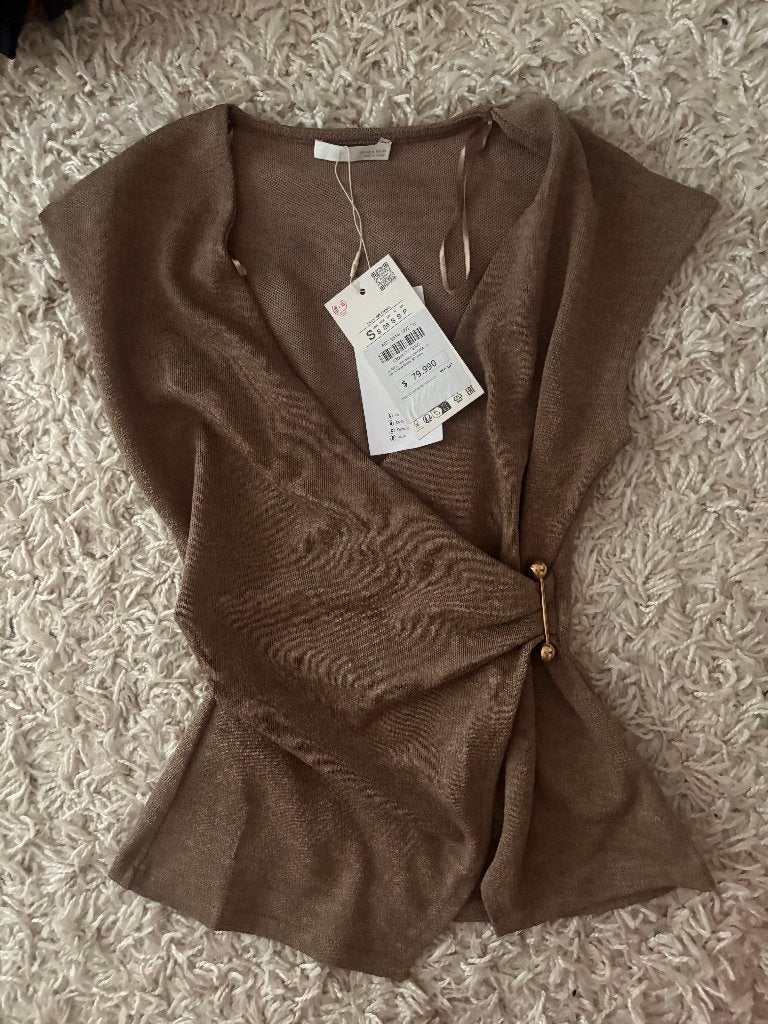 Zara Bruine Wikkeltop met Goud Detail - Maat S - Nieuw, Bruin, Zara, Nieuw, Ophalen of Verzenden