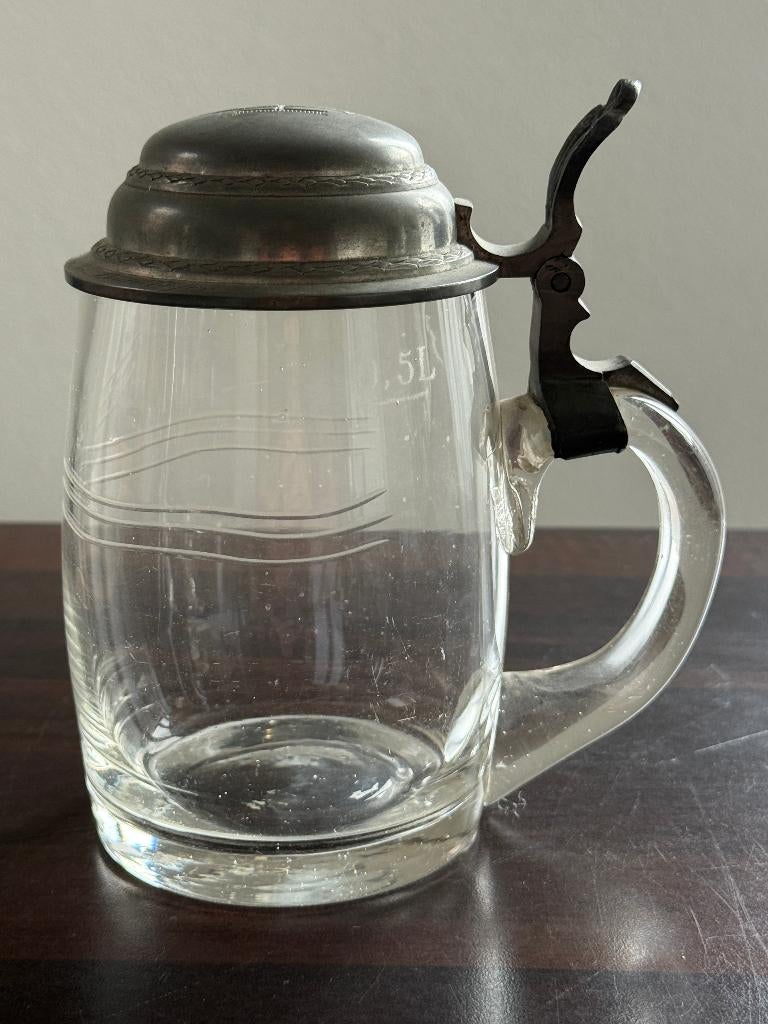 Klassieke Glazen Bierpul met Tinnen Deksel (0,5L), Ophalen of Verzenden