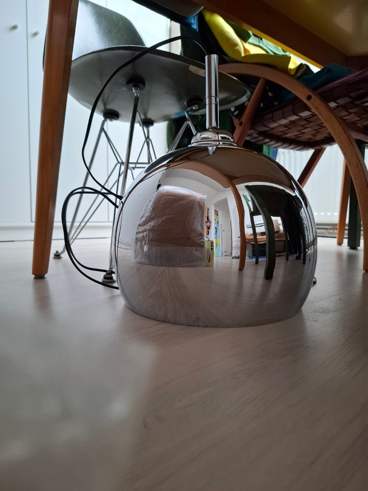 vintage chrome  bolle hanglamp in mooie staat, Ophalen of Verzenden, Gebruikt, Metaal, Modern