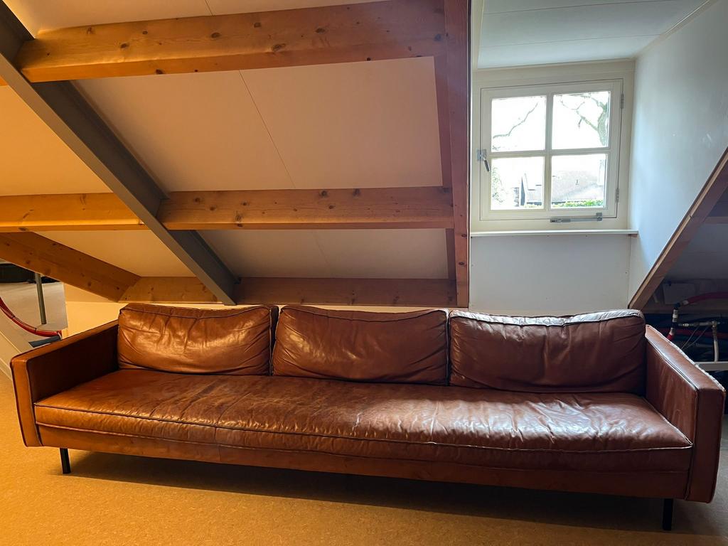 Leren bank met love-seat en poef loods 5, Ophalen, 250 tot 300 cm, Gebruikt, Rechte bank