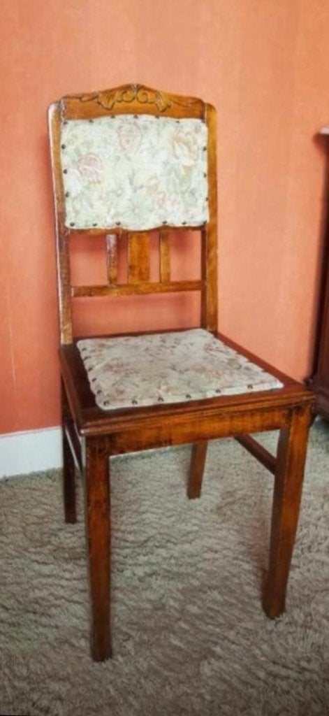 2 houten eiken stoelen - met stof bekleed, Antiek en Kunst, Ophalen