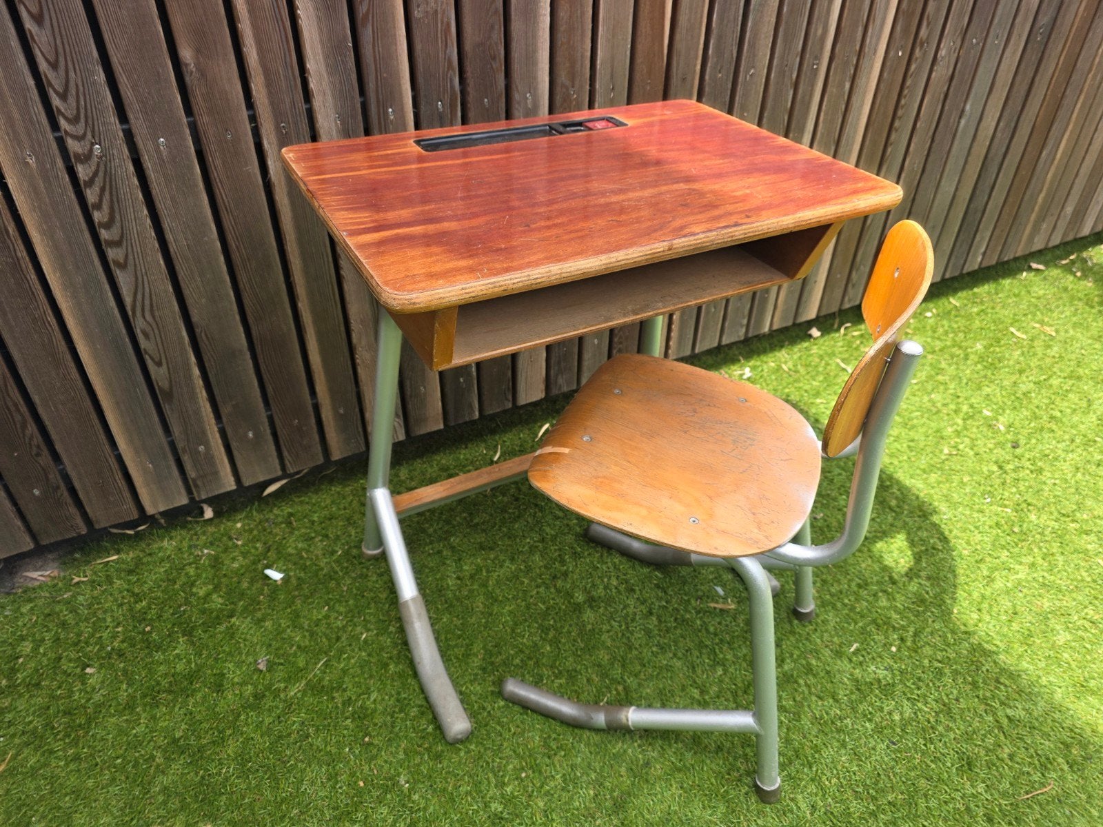Vintage schoolbank met stoel - Oude schooltafel set, Ophalen