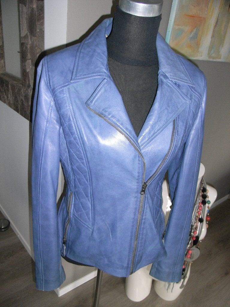 blauw leren jack/jas CARLO SACCHI mt 42 valt 36/38 ALS NIEUW, Blauw, Ophalen of Verzenden, Zo goed als nieuw, Maat 36 (S)