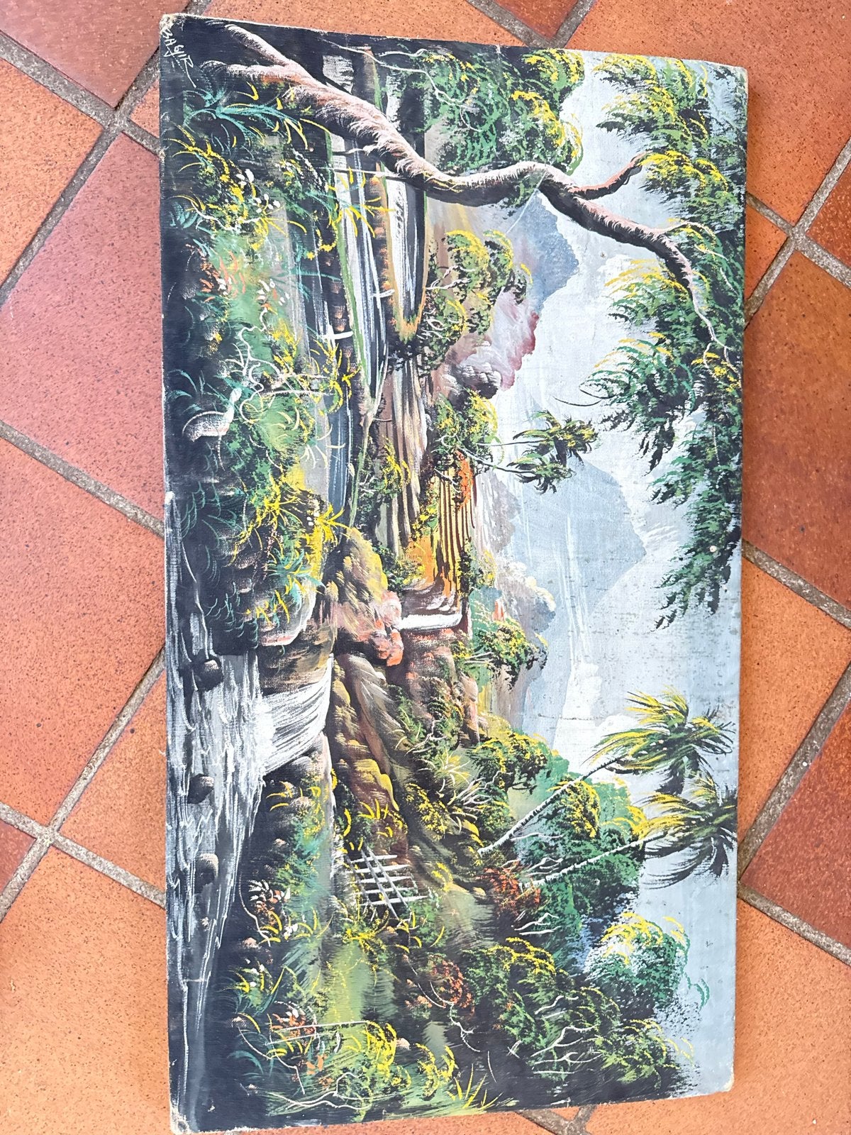 Gesigneerd Indonesisch schilderij Basjir – oud landschap, Paneel, Realistisch, Ophalen of Verzenden, Gesigneerd