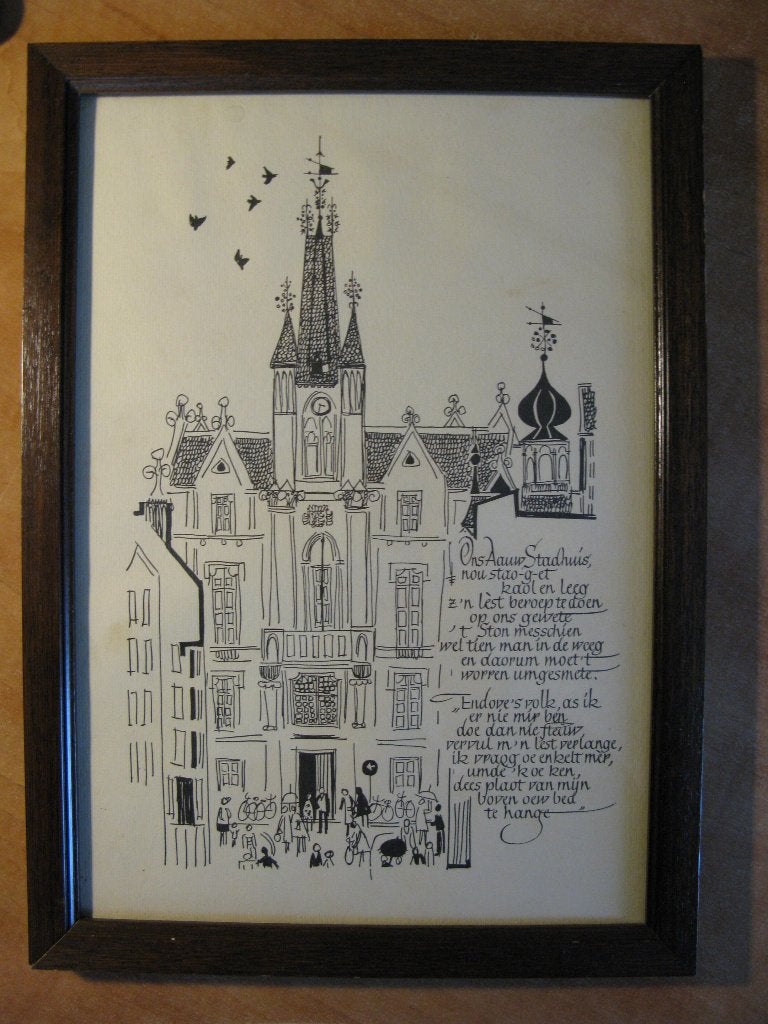 prent oude stadhuis Eindhoven 1967 tekst Louis Vrijdag, Verzamelen, Foto's en Prenten, 1960 tot 1980, Gebruikt, Ophalen of Verzenden