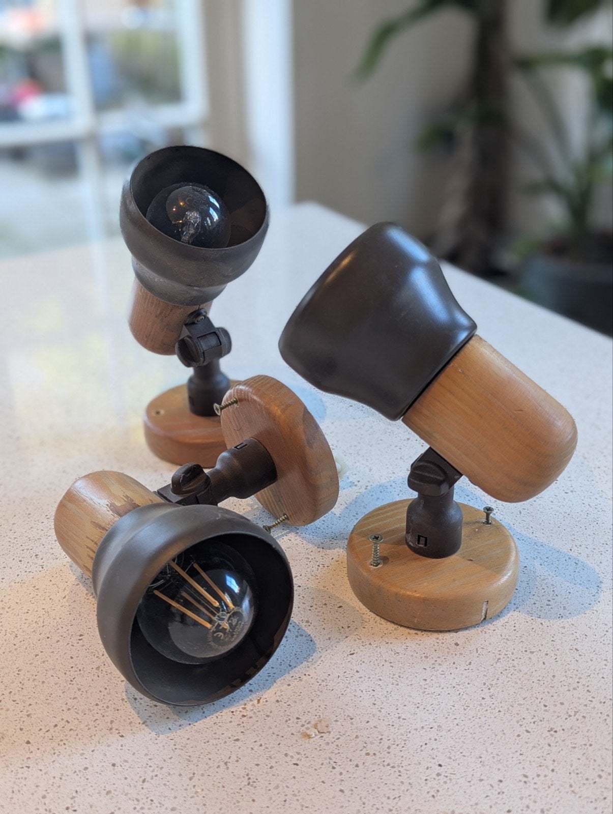 Set van 3 vintage industriële wandlampjes met gloeilampen, Huis en Inrichting, Gebruikt, Bruin, Overige fittingen, Ophalen of Verzenden