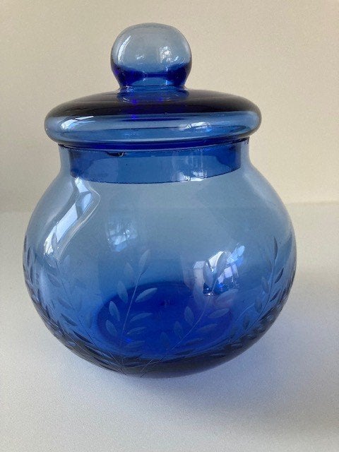 mondgeblazen dekselpot gegraveerd mid century/vintage, Antiek en Kunst, Antiek | Glas en Kristal, Ophalen of Verzenden