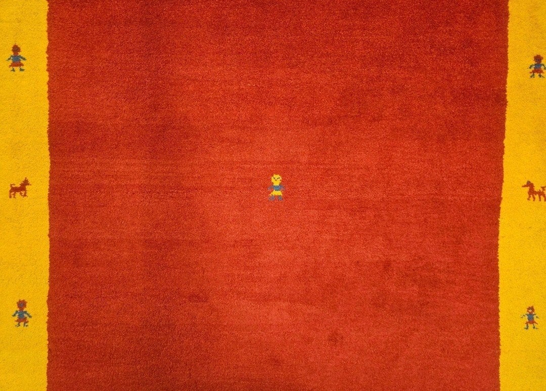 Handmade wool Gabbeh carpet modern red yellow 201x300cm, Gabbeh, India, 200 cm of meer, Rechthoekig