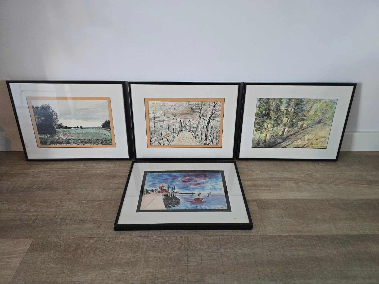 2x 1982S aquarel van Frans landschap door F.T. Roussel, Antiek en Kunst, Ophalen of Verzenden, Gesigneerd, Aquarel, Landschap