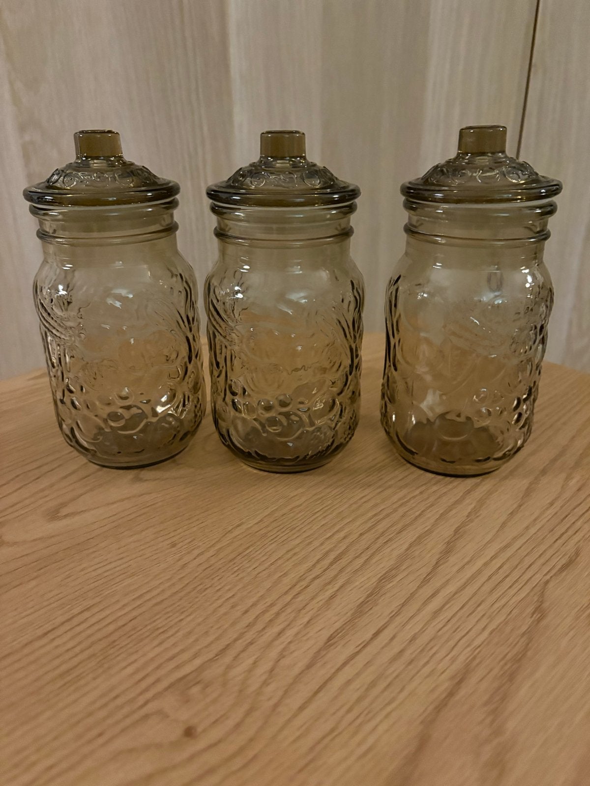 Set van 3 vintage rookglas voorraadpotten met reliëf, Ophalen of Verzenden