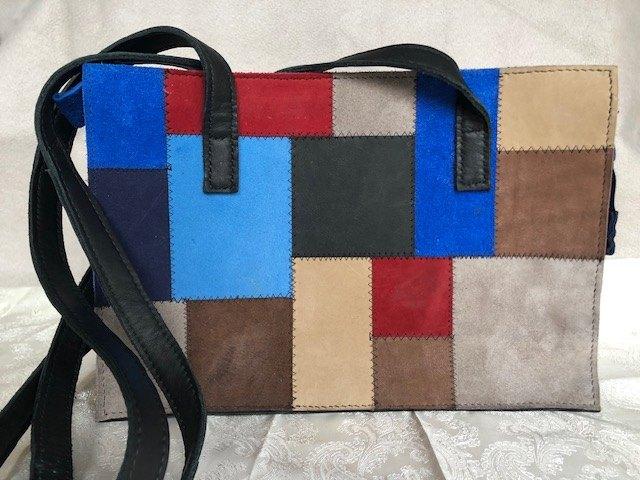 Leren damestas, bruin-blauw-rood, Sieraden, Tassen en Uiterlijk, Tassen | Damestassen, Ophalen of Verzenden, Nieuw, Overige kleuren